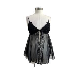 Black Sheer Lace Babydoll Lingerie Vintage Y2K Tie Front Size M